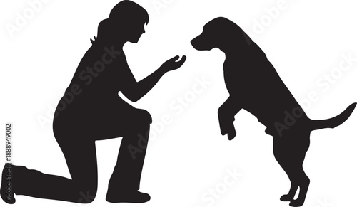 Black Silhouette of Woman and Dog Interacting or Training