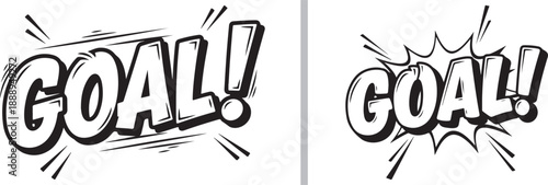 Dynamic black and white comic-style vector text of the word "GOAL!" with motion lines and an explosion bubble, capturing the high-energy excitement of a scoring moment in sports.