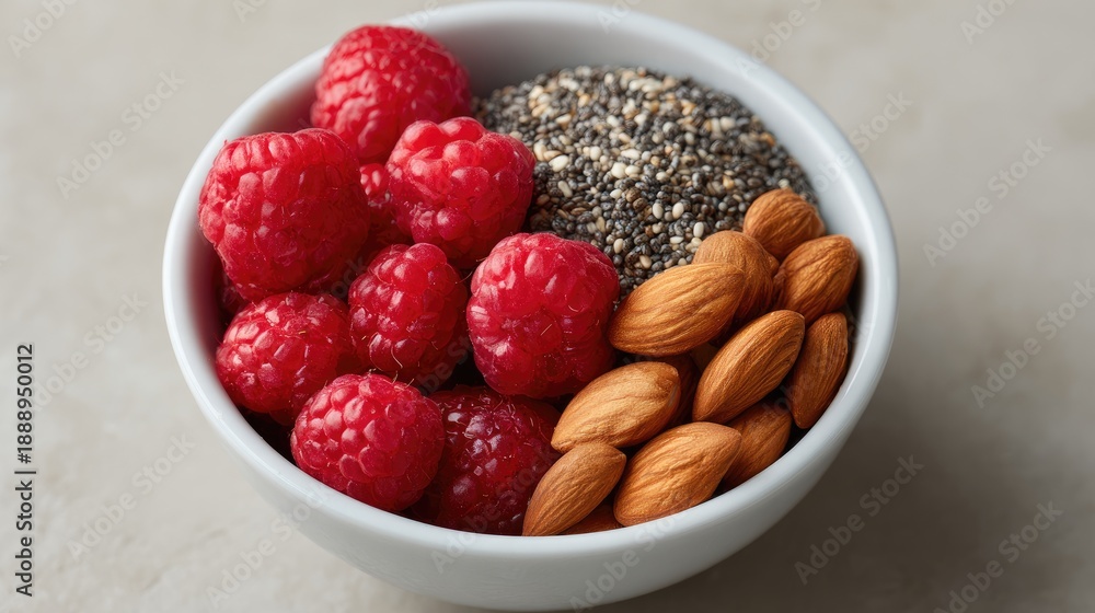 Fototapeta premium Fresh Raspberries, Almonds, and Chia Seeds in a White Bowl on a Light Background for Healthy Eating and Nutrition Concepts