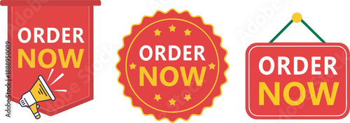 Colorful order now buttons and icons for online shopping promotions