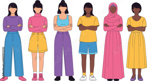 Diverse group of confident women standing together representing unity inclusion equality cultural diversity and female empowerment illustration