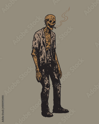 Illustrated Decayed Skeleton Zombie Man In Tattered Clothes with a Ciggarete, Vector Illustration.