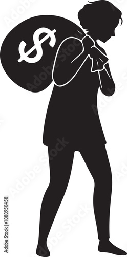 Female Thief Silhouette Carrying Sack of Money with Dollar Sign Symbol