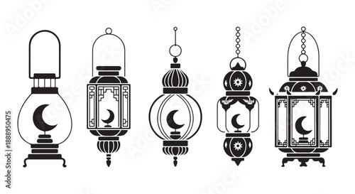 Traditional arabic lanterns with crescent moon silhouettes set for ramadan kareem and islamic holy month