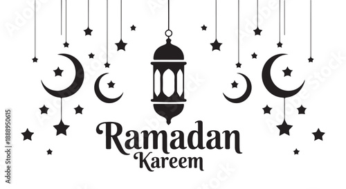 Minimalist ramadan kareem typography with simple crescent moon icons and hanging star shapes for greeting
