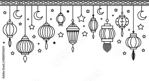 Islamic decorative border with hanging lanterns and crescent moons in horizontal line art for holiday decor