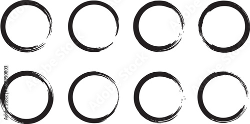 Set of eight circular swirl line art designs isolated on transparent