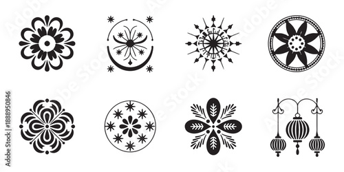 Set of decorative folk art flower elements vector design collection. abstract flower and mandala