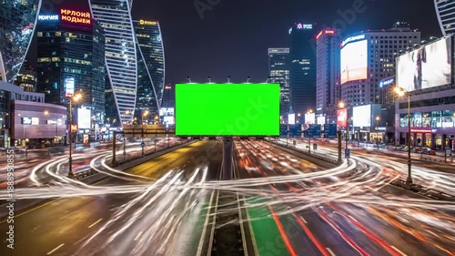 Green Screen modern billboard with a on busy highway traffic neon lights timelapse of at night moscow russia scene 3 distortion, overlay, glitch, static noise, scan lines black background, 4k animated
