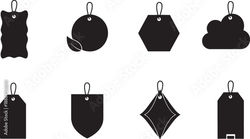 Set of eight different shaped hanging tags isolated on transparent background