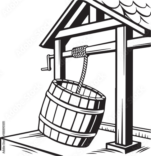Traditional Draw Well with Bucket and Rope Black and White Line Art