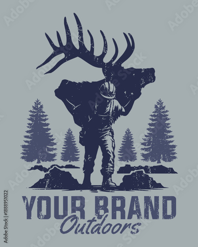 Silhouette Hunter Carrying Elk Antlers Over Shoulder, Suitable for Tshirt Design