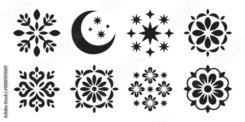 Set of decorative folk art elements vector design collection. abstract flower and moon with stars