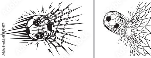 A dynamic two-panel vector illustration showing a soccer ball moving at high speed and tearing through a goal net, featuring aggressive motion lines and a black-and-white comic style.