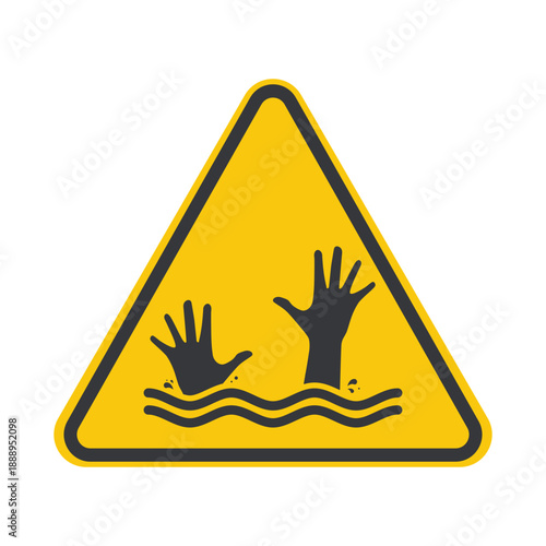 Safety sign showing person drowning with raised hands asking help, symbol for swimming pool danger and flood water safety awareness