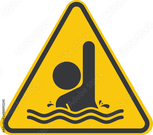Safety sign showing person drowning with raised hands asking help, symbol for swimming pool danger and flood water safety awareness