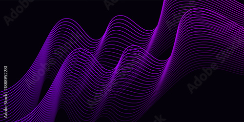 Abstract background with waves for banner. Medium banner size. Vector background with lines. Element for design isolated on black. Colorful gradient. Blue, purple, pink