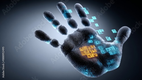 Digital handprint with illuminated squares representing data connections, showcasing a futuristic design against a dark background, emphasizing technology and innovation