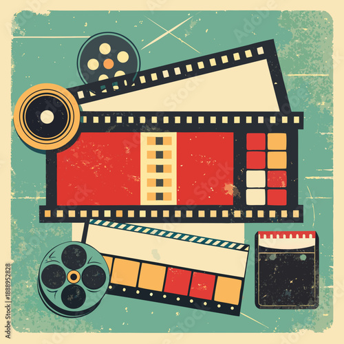 Film strip and movie clapper board on a grungy background