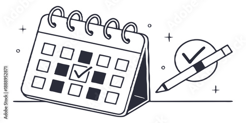 Black and white illustration of calendar with checklist and pencil for planning and organization