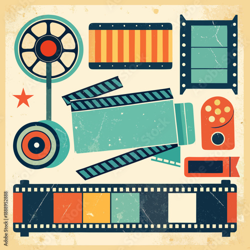 Vintage film and cinema equipment icons on grunge background