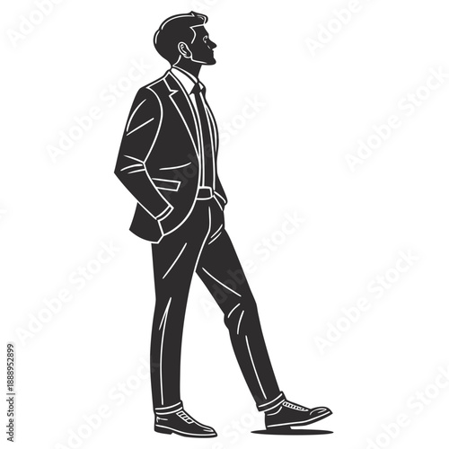 Black and white illustration of a man in a business suit walking