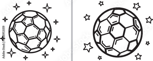 A minimalist black and white vector illustration featuring a soccer ball surrounded by twinkling stars. The clean line art style is ideal for coloring pages, icons, or sports-themed graphics.