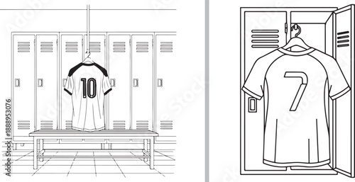 A two-panel vector illustration of a sports locker room. One side shows a jersey numbered 10 hanging over a bench, while the other shows a jersey numbered 7 inside an open locker.