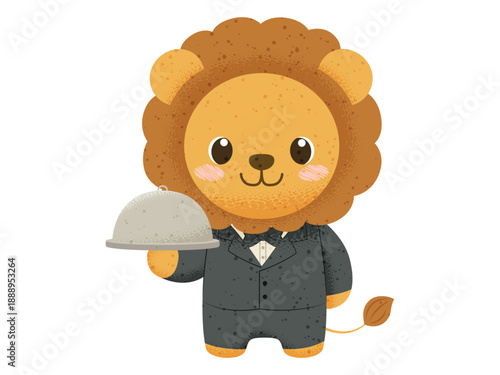 Cute Lion Waiter Character in a Suit Holding a Silver Platter Cloche, Kawaii Profession Vector Illustration