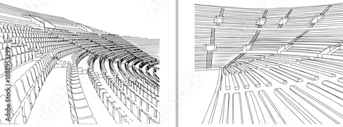 Wireframe 3D vector illustration of a modern stadium or auditorium interior, showing curved rows of tiered seating and architectural perspectives in a clean, minimalist line art style.