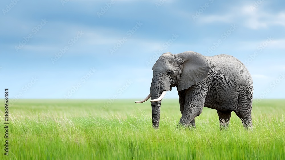 Fototapeta premium Majestic African elephant walks across a wide sunlit savanna covered in lush green grass with a blue sky and scattered clouds overhead