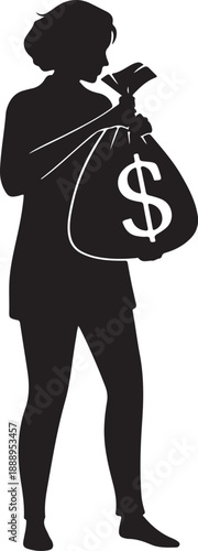 Black Silhouette of Woman Holding Bag of Money with Dollar Symbol