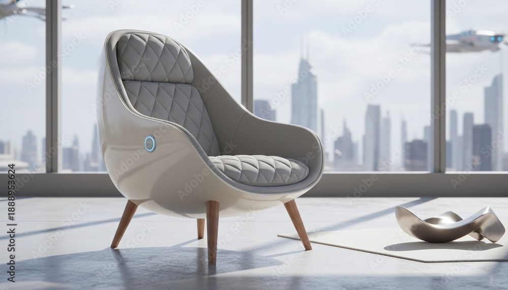 Fototapeta premium Futuristic Office Interior with Pod Chair and City Skyline View