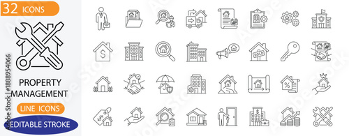Property Management Line Icons. Features icons of homes, agents, keys, tools, and contracts. Perfect for real estate apps, websites, and brochures.