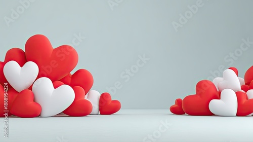 Colorful arrangement of red and white hearts on a minimalist background for love and romance themes in creative projects and designs