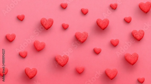 Decorative and Playful Red Hearts on a Pink Background for Romantic Themes, Gifts, and Celebrations in Love and Affection
