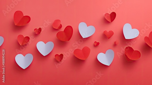Colorful Paper Hearts on a Soft Red Background Creating a Playful Atmosphere for Love, Romance and Celebration Themes in Creative Design Projects