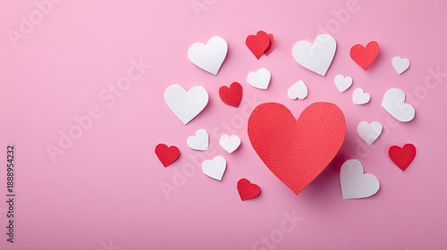 Colorful hearts scattered on pink background, symbolic decoration for love, romance, and celebration, perfect for creative and artistic projects related to affection