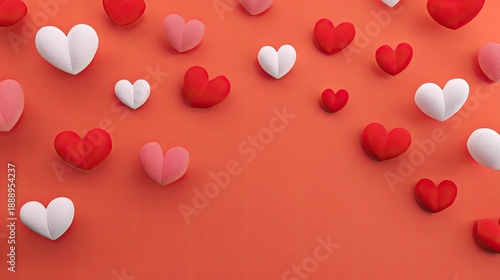Colorful Hearts in Various Shades of Red and White Arranged on a Coral Background for a Charming Love or Valentine's Day Theme