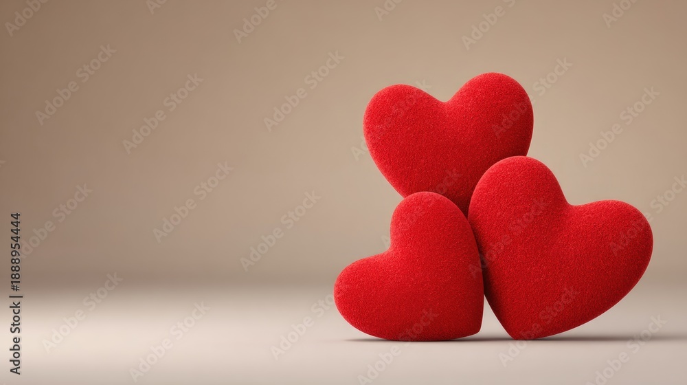 Fototapeta premium Three Soft Red Hearts on a Neutral Background Representing Love, Affection, and Emotion for Romantic or Celebratory Themes in Design Projects