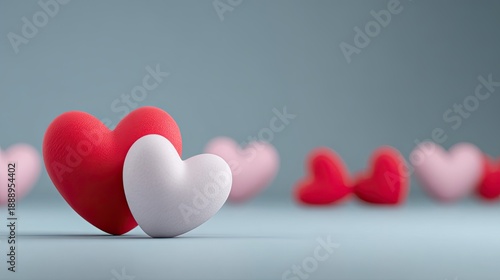 Colorful Heart Shapes on a Soft Blue Background, Representing Love, Affection, and Romantic Moments in a Simple and Modern Style