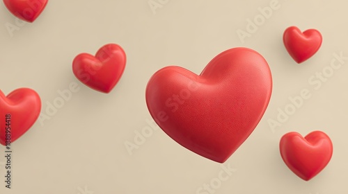 Floating Red Hearts Against a Soft Neutral Background Ideal for Romantic, Love, or Valentine's Day Themes in Various Creative Projects