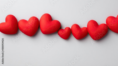 Red Heart Decorations in a Row on a Light Gray Background for Romantic and Valentine's Day Themes and Celebrations