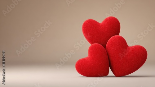Three Soft Red Hearts on a Neutral Background Representing Love, Affection, and Emotion for Romantic or Celebratory Themes in Design Projects