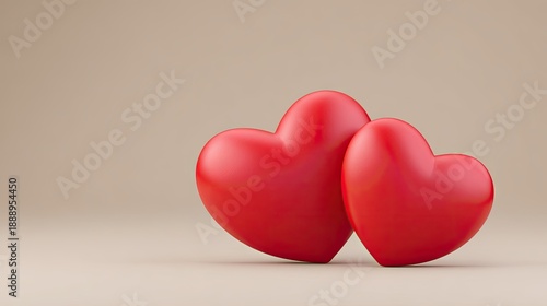 Two glossy red hearts symbolizing love and affection on a soft beige background, perfect for romantic themes and heartfelt expressions in creative projects