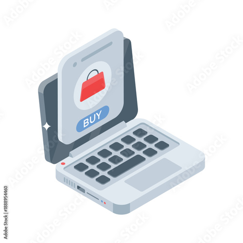A visually appealing isometric icon of laptop based online shopping.