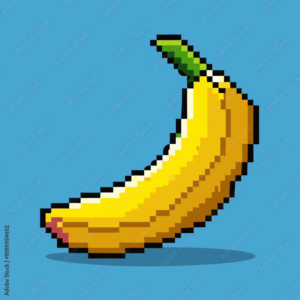 Obraz premium Pixel art illustration of a yellow banana on blue background
