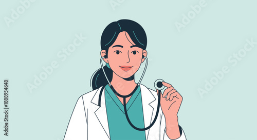Friendly Cartoon Female Doctor in Lab Coat Holding Stethoscope on Light Blue Background