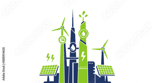 Futuristic eco cityscape with solar panels, wind turbines, spire, renewable energy, innovation aerial view