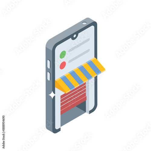 An Isometric smartphone screen displays a storefront, symbolizing mobile commerce